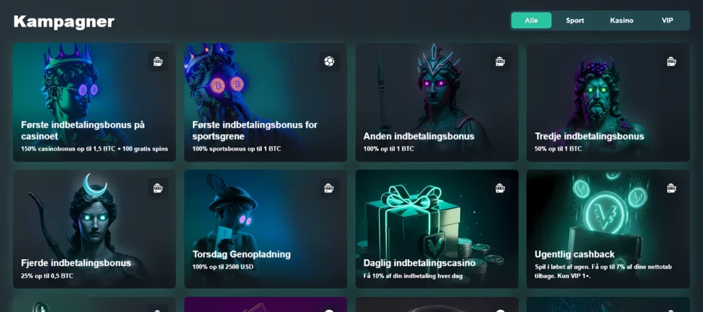 Vave Casino kampagneside med indbetalingsbonusser, cashback og kryptobaserede casino tilbud
