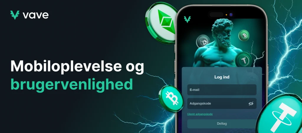 Vave Casino mobiloplevelse på smartphone med login og kryptocoin grafik