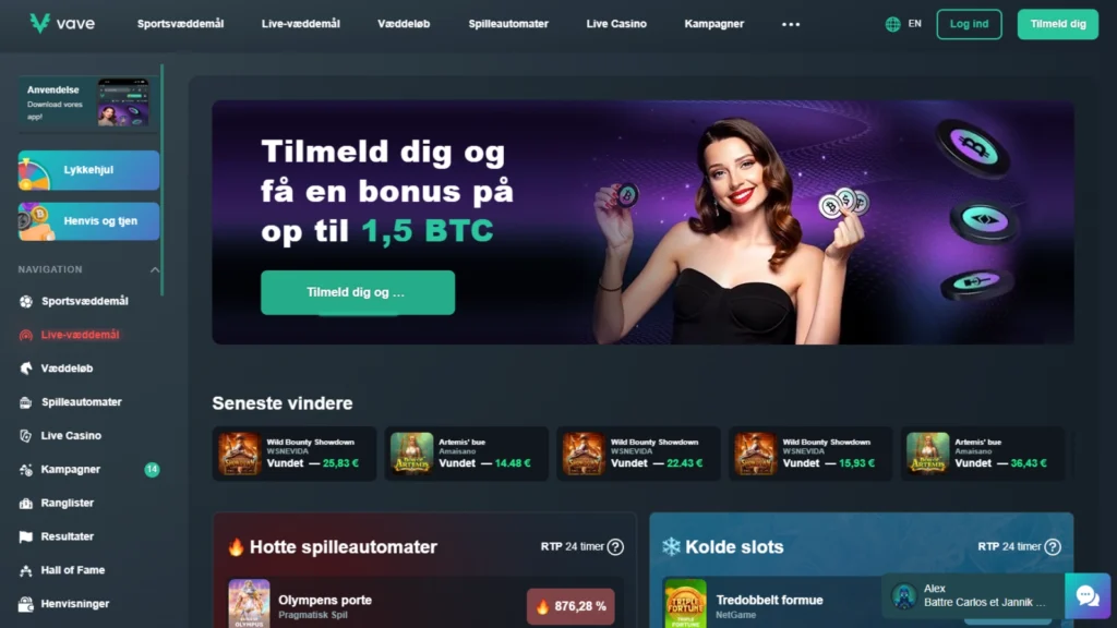 Skærmbillede af Vave Casinohjemmeside