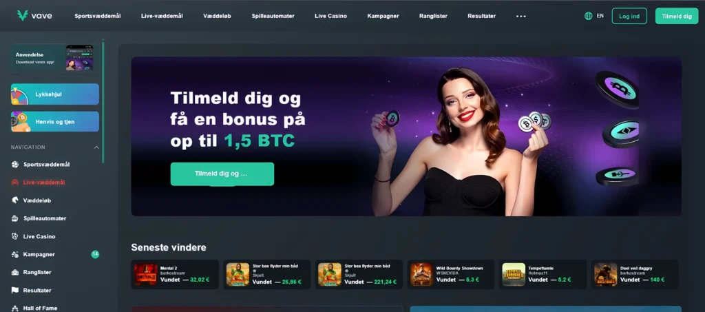 Vave Casino bonusbanner med model og kryptomønter samt tilbud om op til 1,5 BTC ved registrering