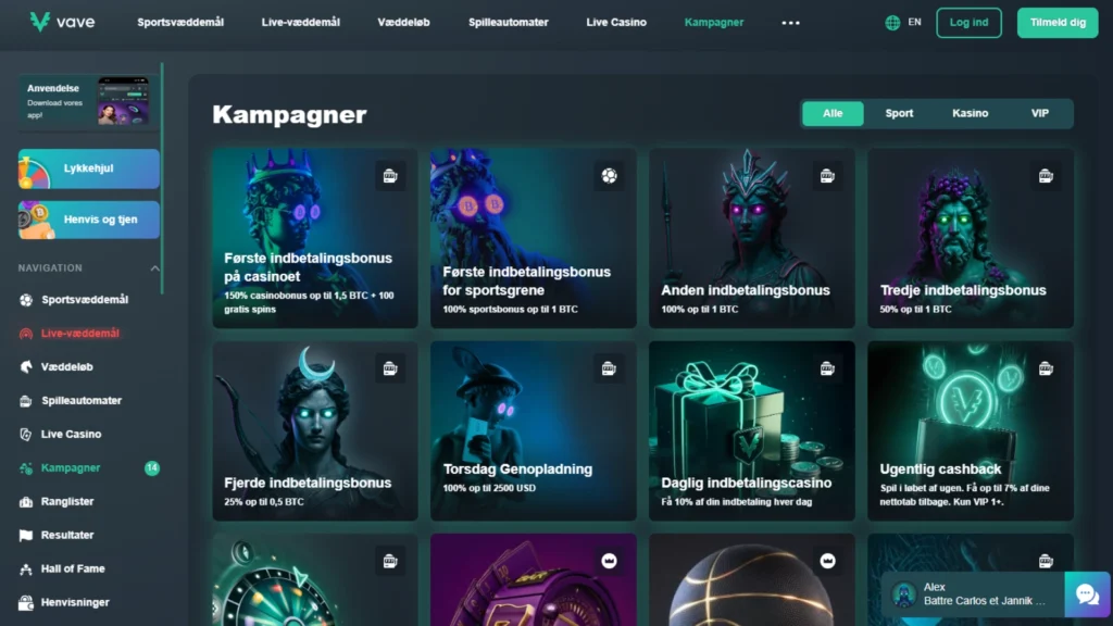 Skærmbillede af Vave Casino bonussiden