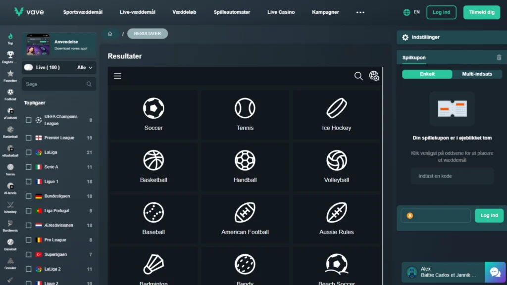 Skærmbillede af Vave Casino med resultater af sportsbegivenheder