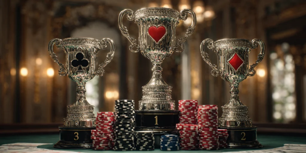 Pokertrofæer med kortsymboler og pokerchips på bordet – rangering af de bedste pokerspillere