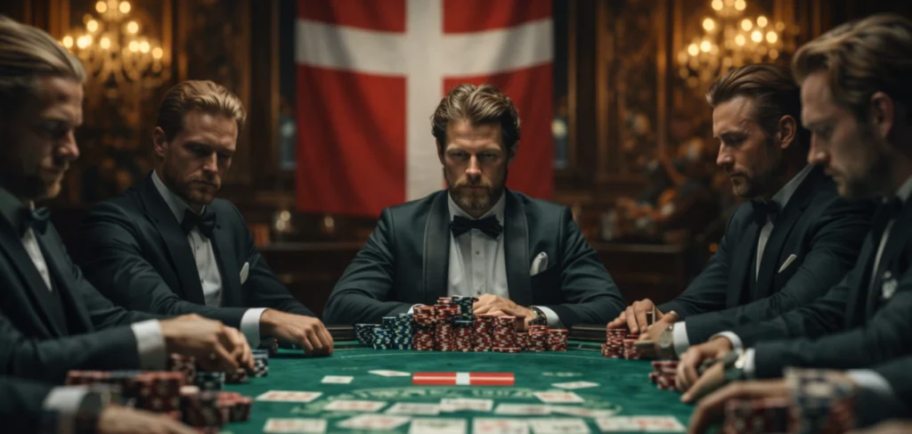 Pokerspillere i jakkesæt spiller poker ved grønt bord med Danmarks flag i baggrunden